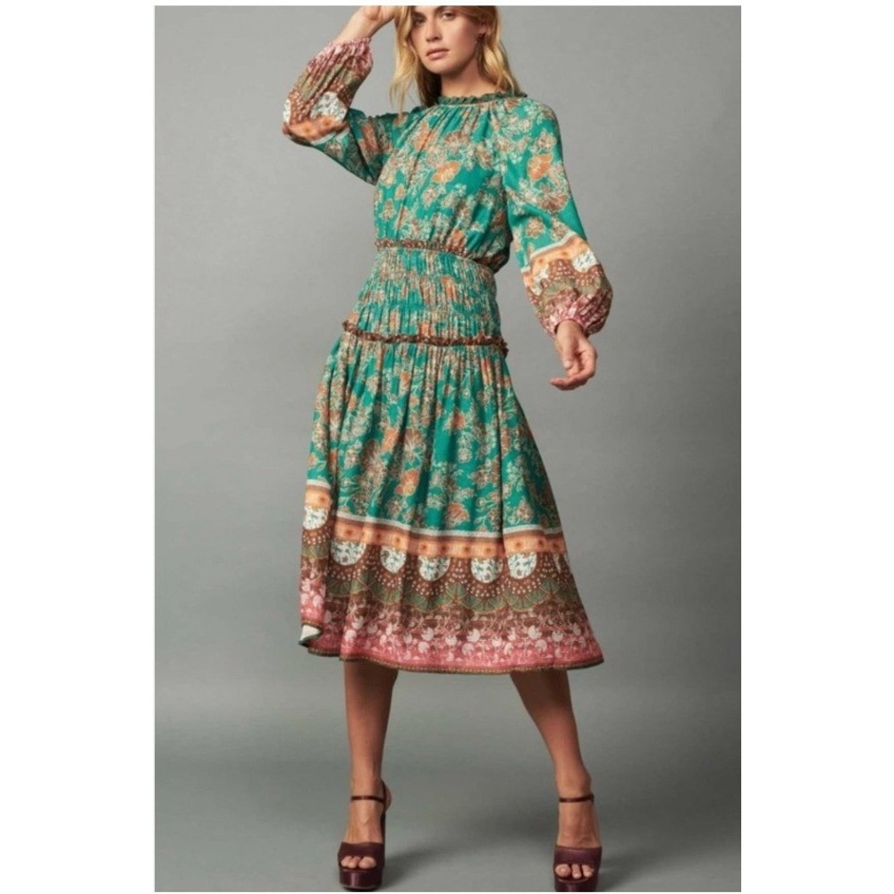 Current Air Anthropologie Teal Paisley Floral Smocked Midi Dress NWT Size M Boho